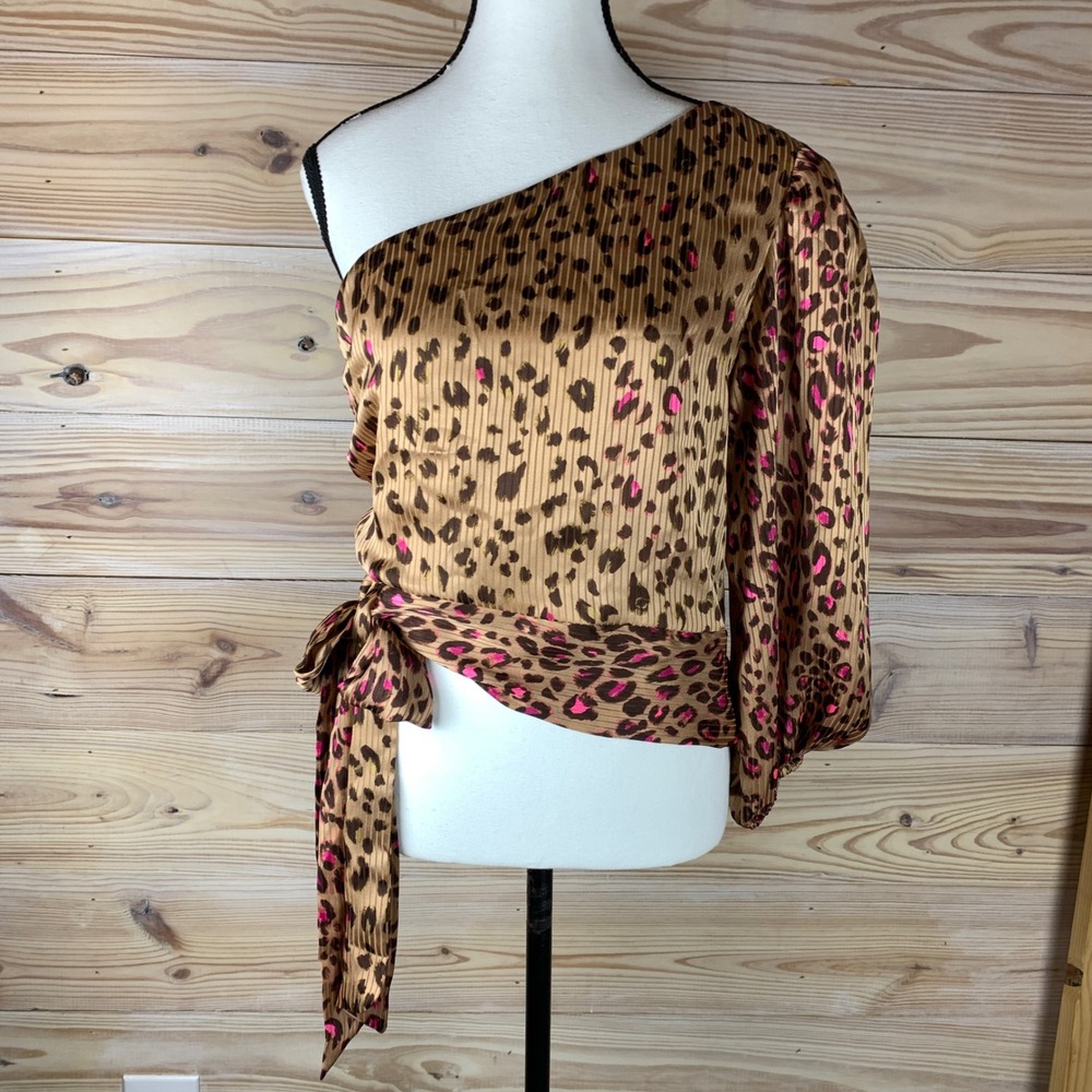 Express One Shoulder Top Women M Brown Pink Leopard Print Side Tie Blouse New